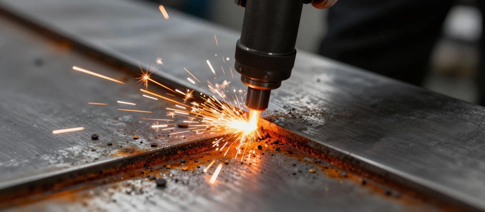 Laser cleaning in progress on an industrial metal surface